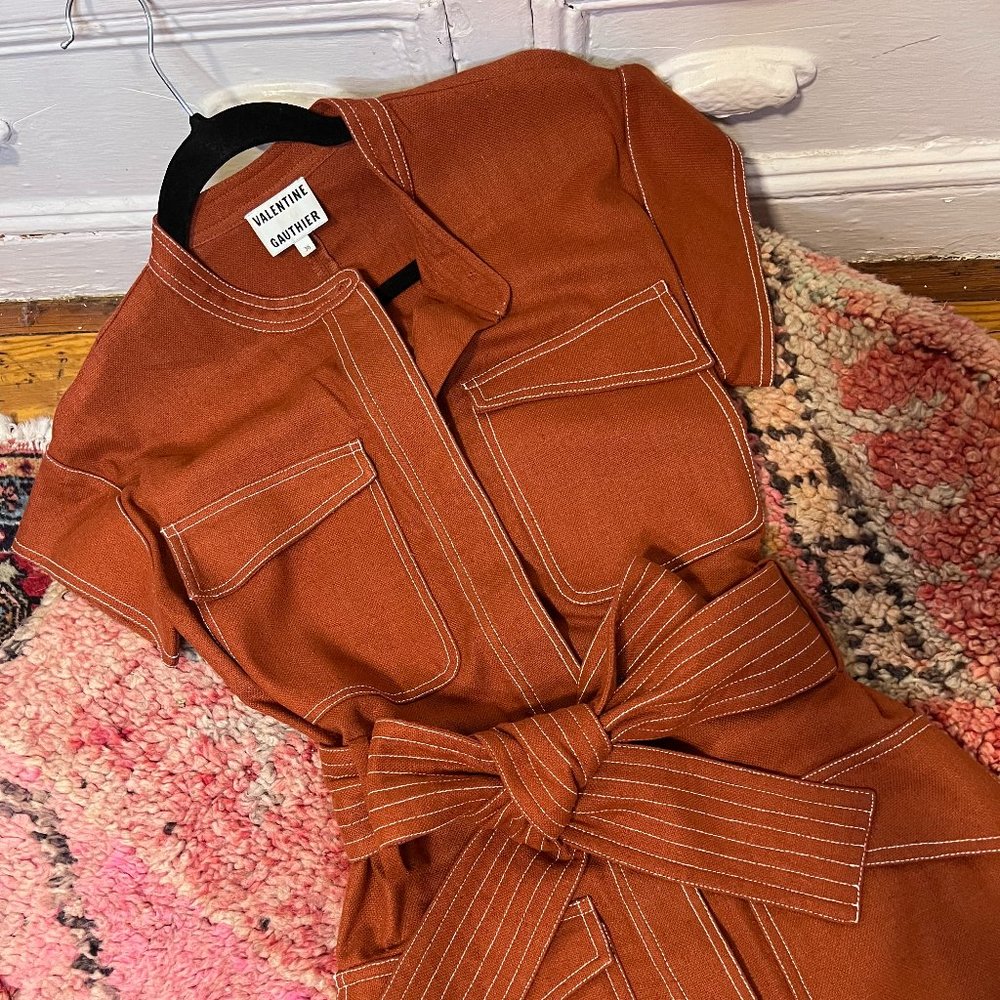 French chic brand Valentine Gauthier Raw Silk Tie-waist Mini Shirt Dress